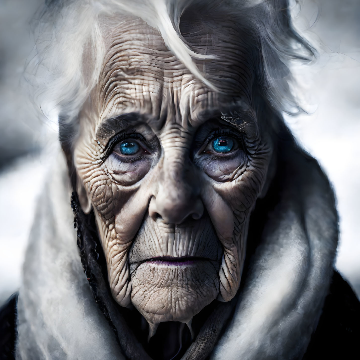 Elderly woman with deep wrinkles and blue eyes in fur-lined garment