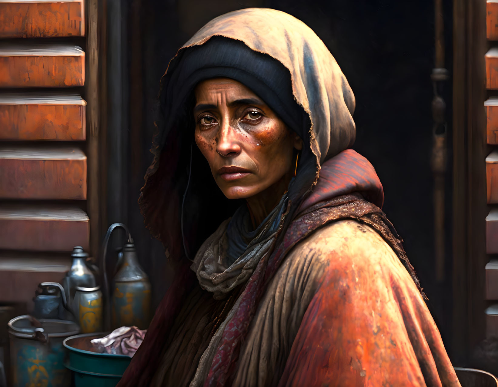 Weathered woman in hooded cloak gazes intensely with rustic shutters and vintage metal canisters.