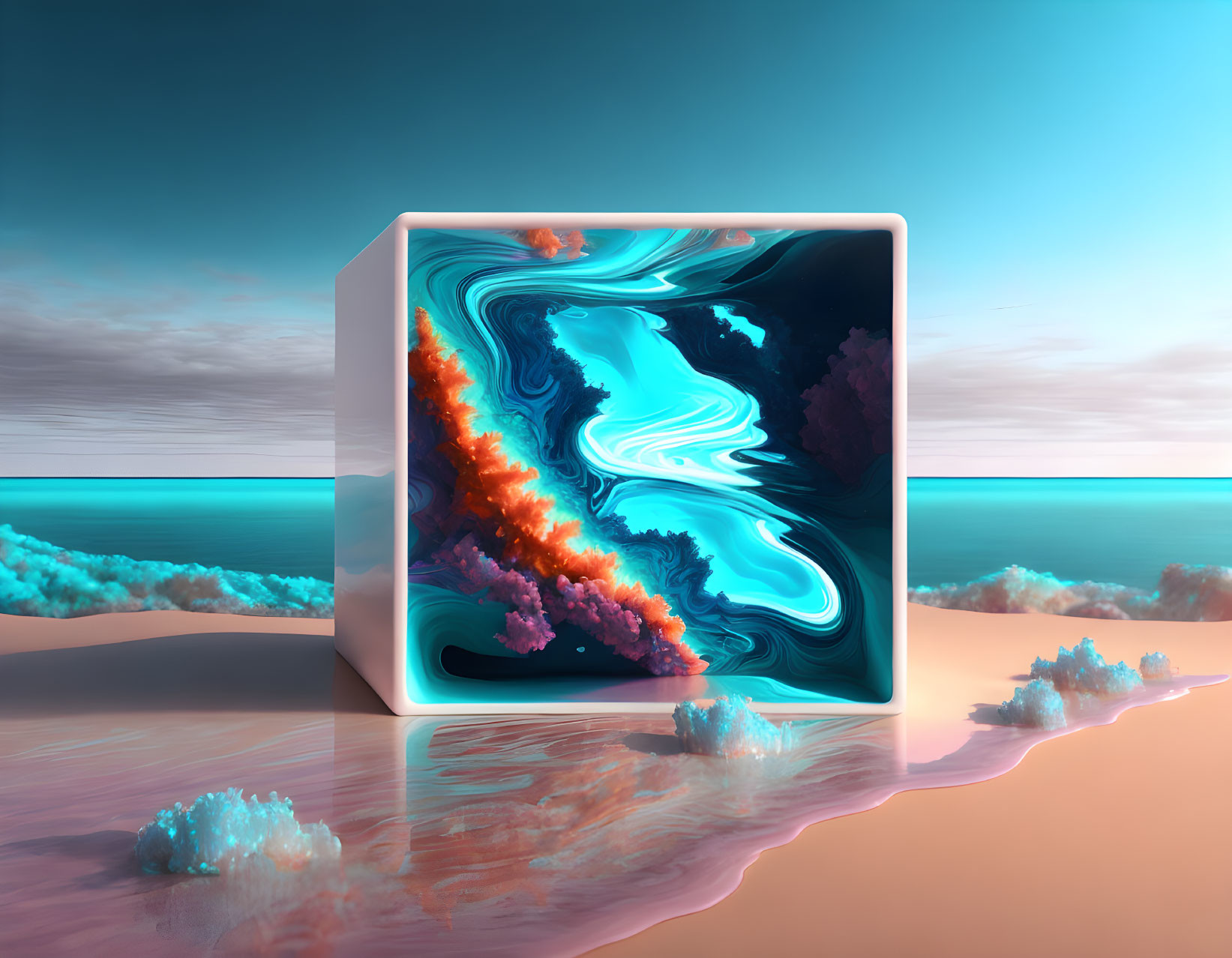 Surreal 3D Artwork: Cubic Portal on Pink Sand Beach