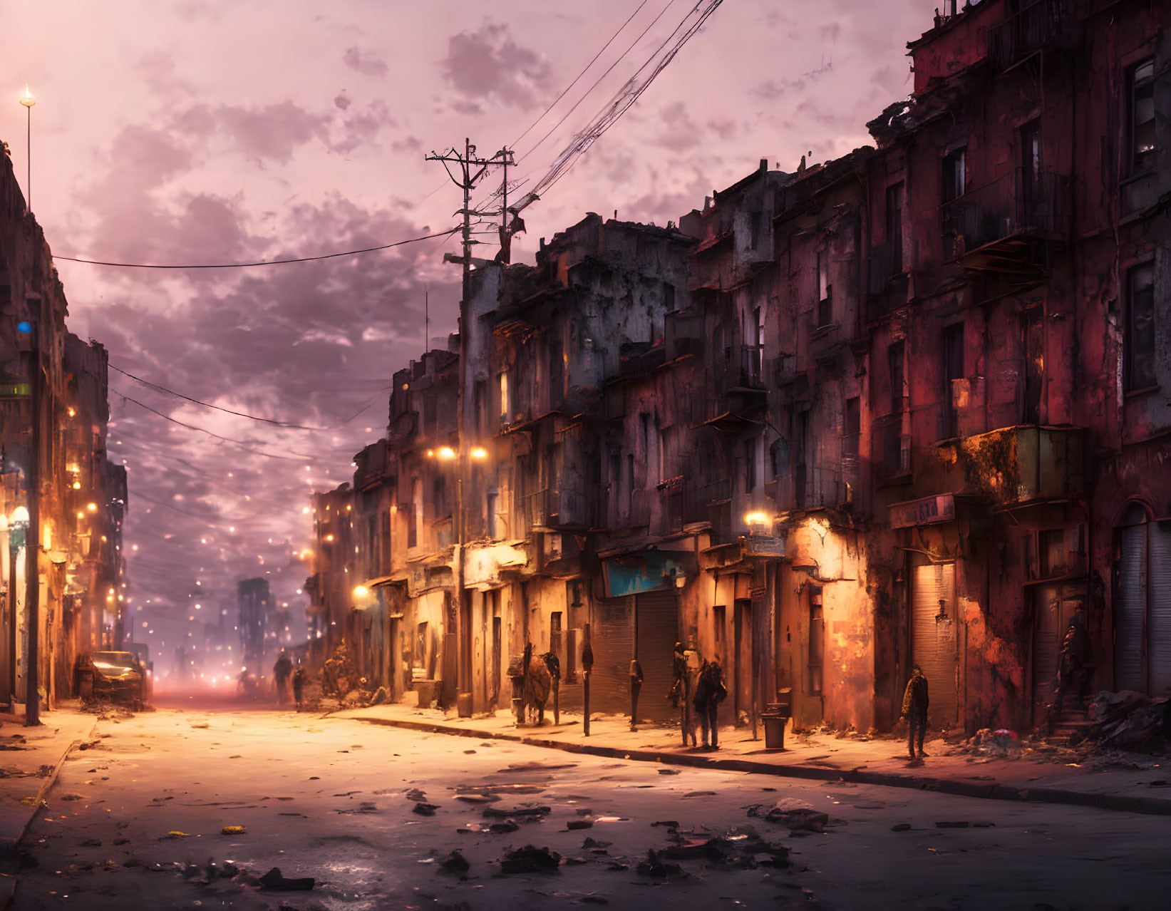 Dystopian cityscape at dusk with dilapidated buildings and silhouettes of people