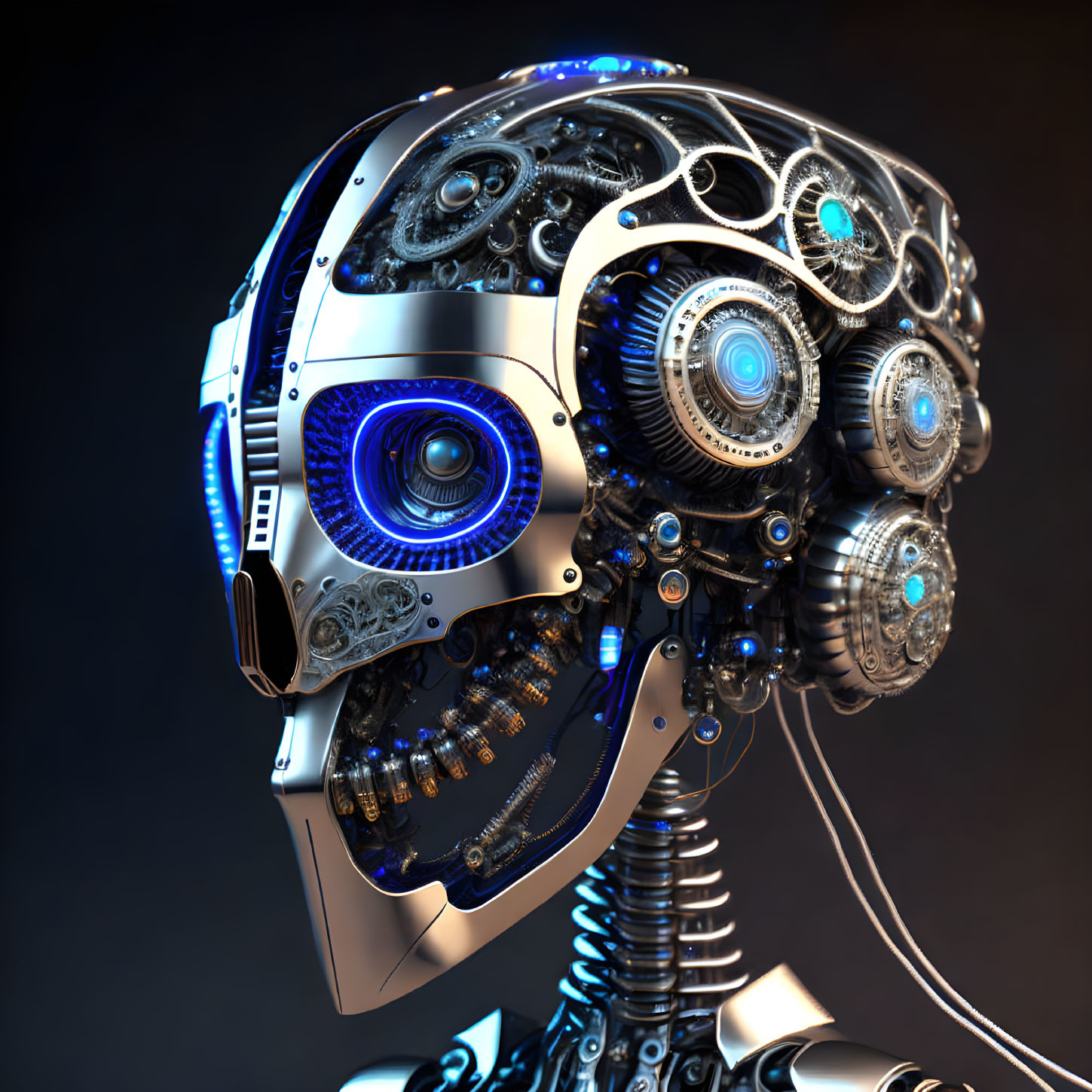 Robotic head with blue glowing eyes on dark background