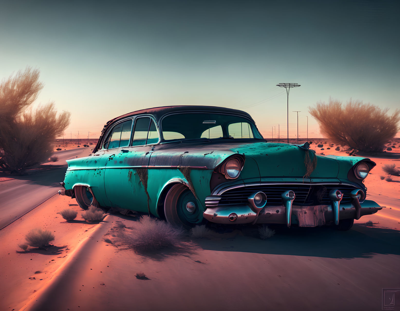 Vintage Car with Peeling Turquoise Paint in Desert Twilight