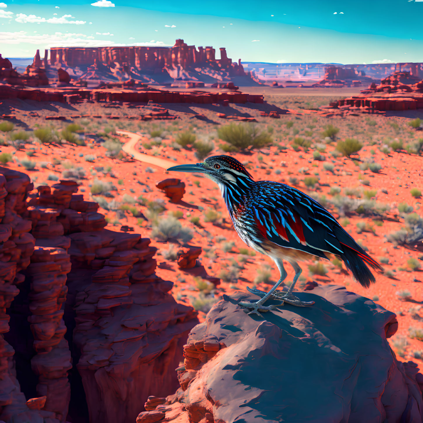 Colorful Bird Perched on Rock in Desert Landscape