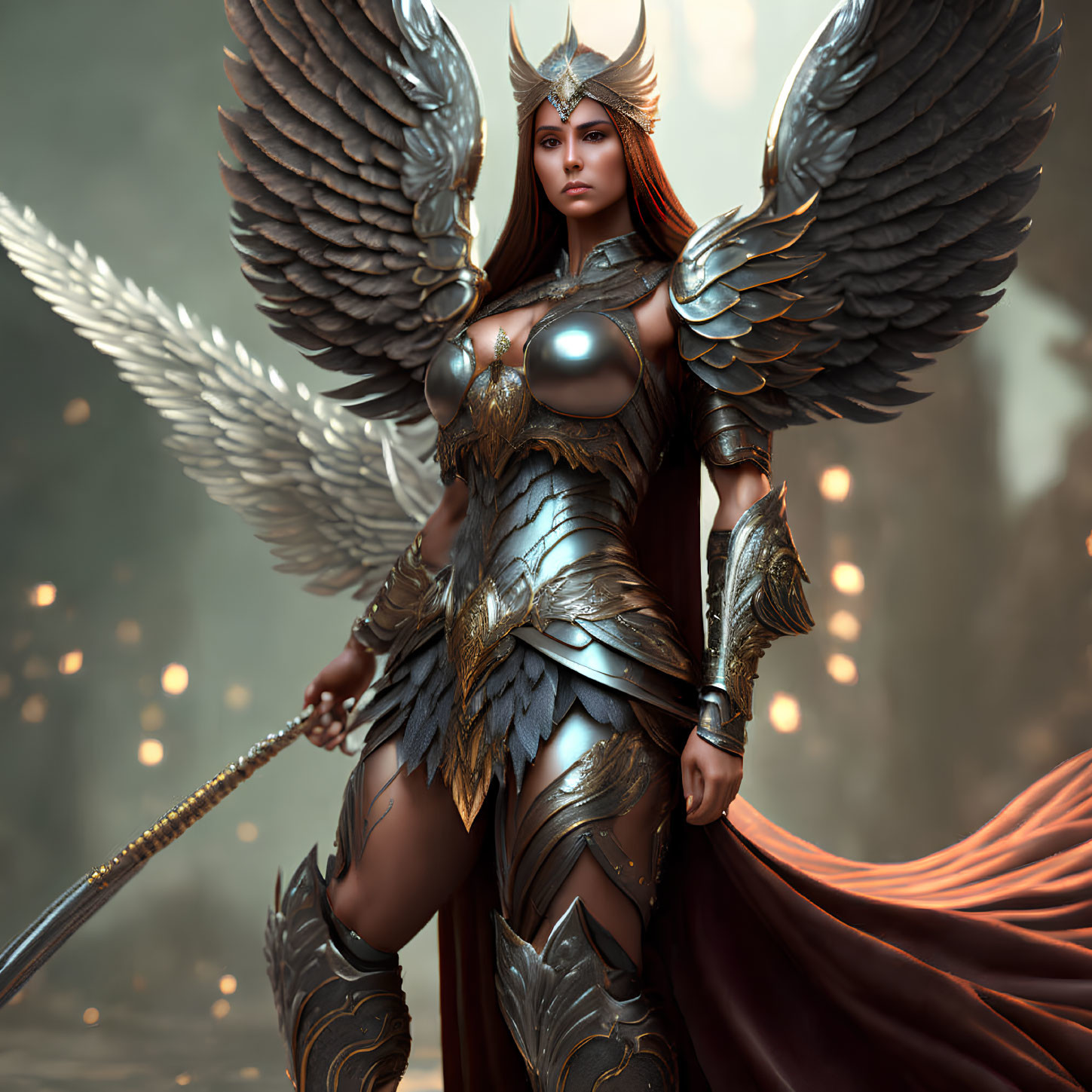 Female warrior with angelic wings in ornate armor and sword, draped in red cape, in mystical