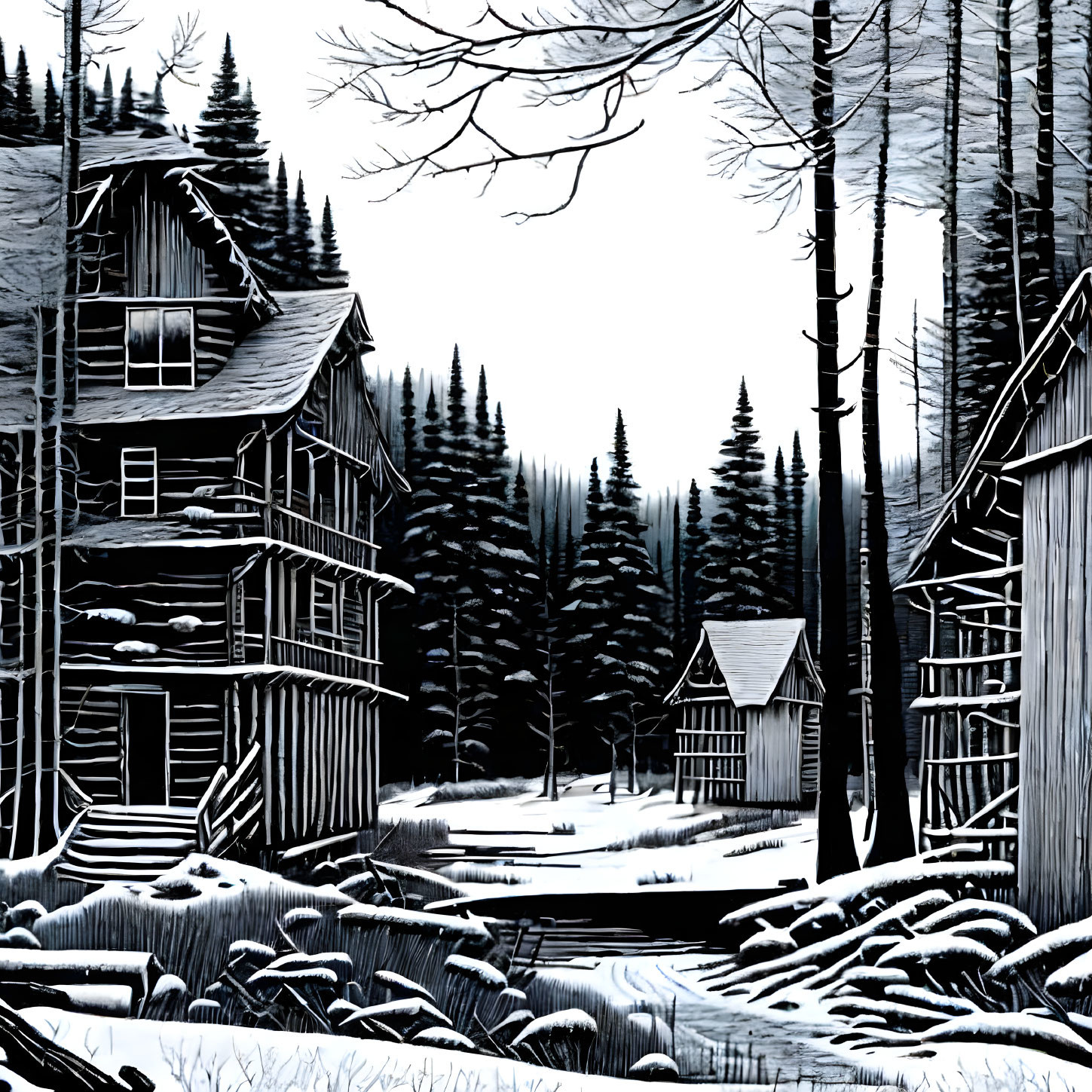 Serene winter scene with snow-covered cabins and coniferous trees