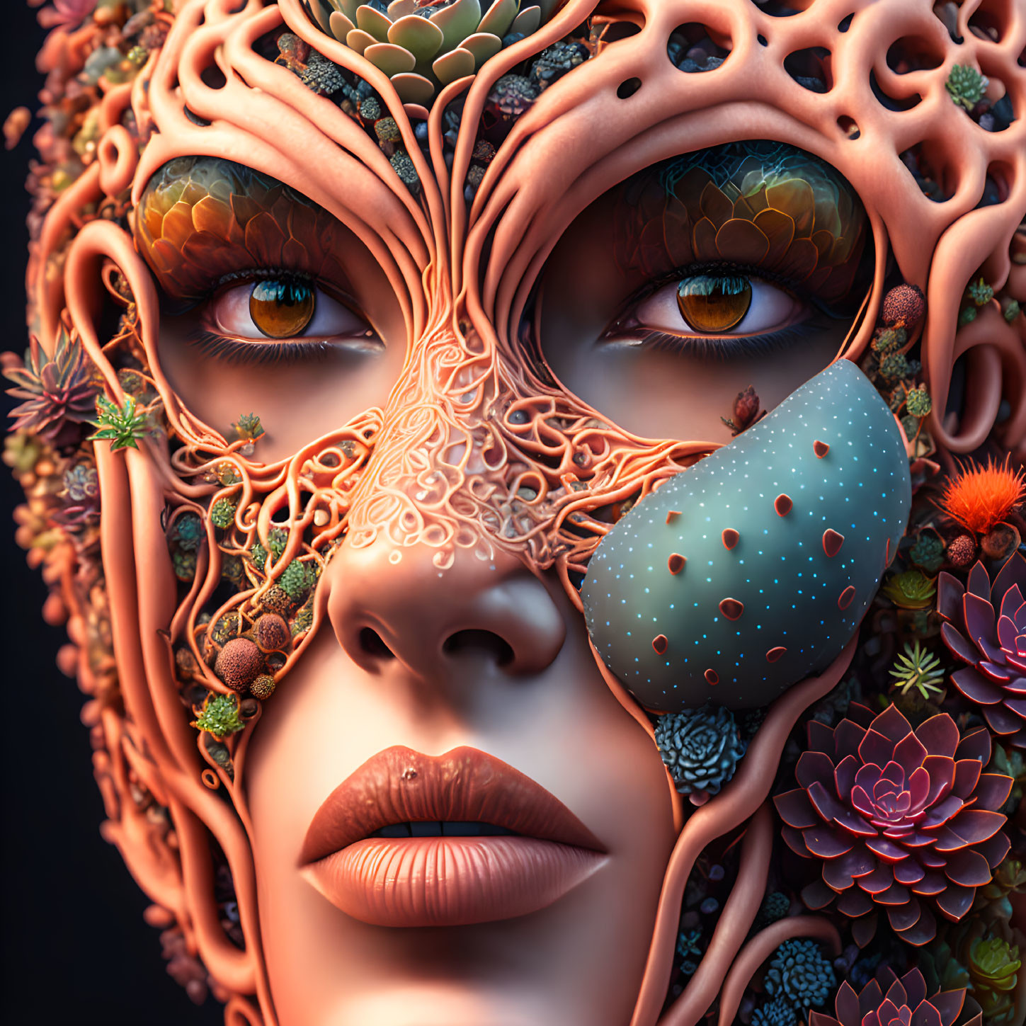 Fantastical face art with vibrant flowers and intricate patterns.