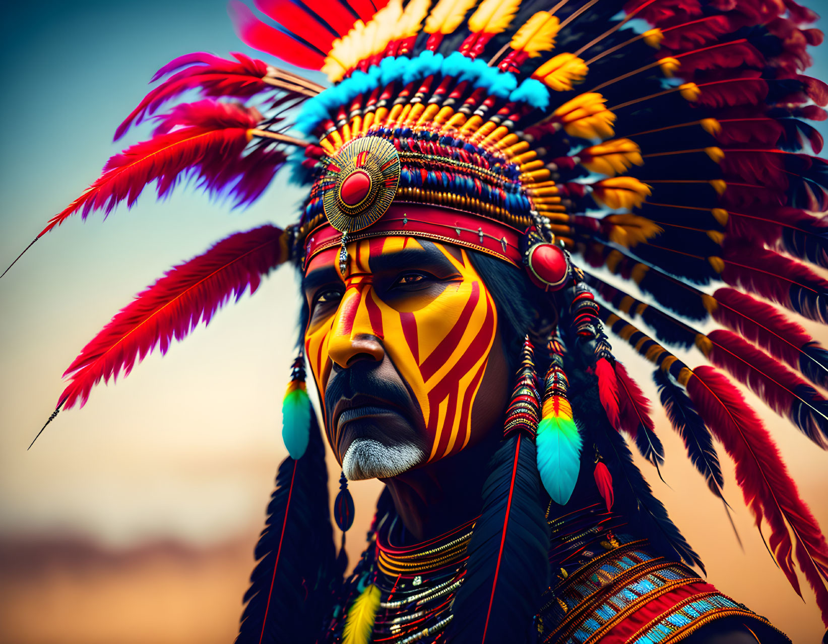 Native American person in vibrant headdress and painted face with stern expression.