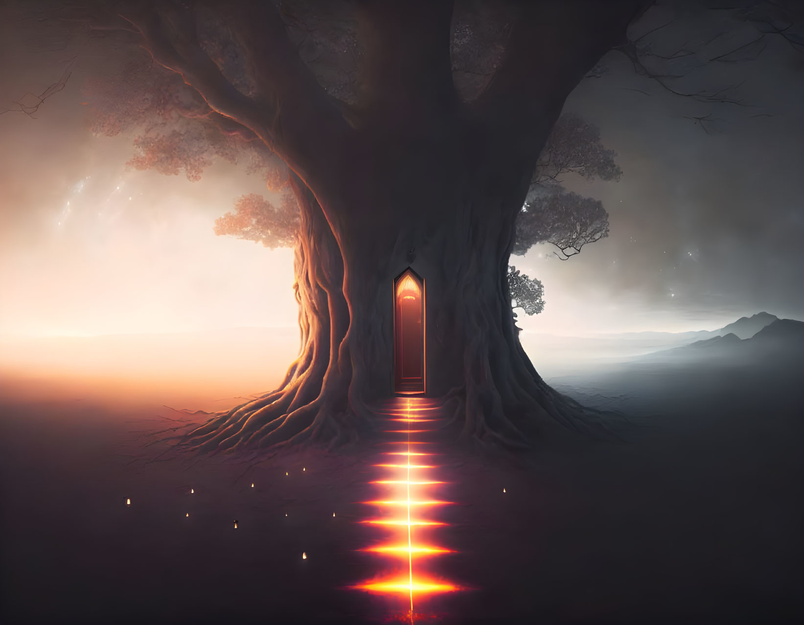 Mystical tree with red door in foggy landscape at dusk