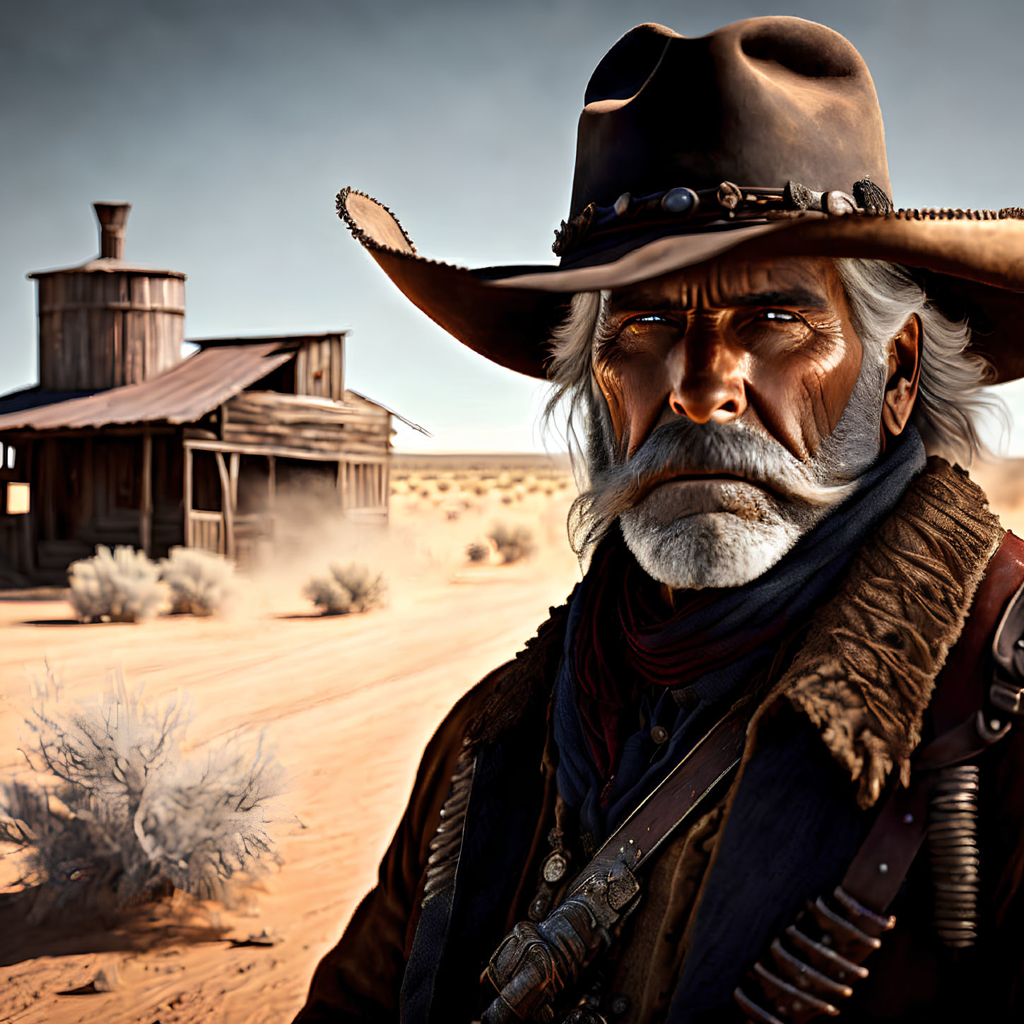 Elderly cowboy with weathered face in wide-brimmed hat and desert backdrop