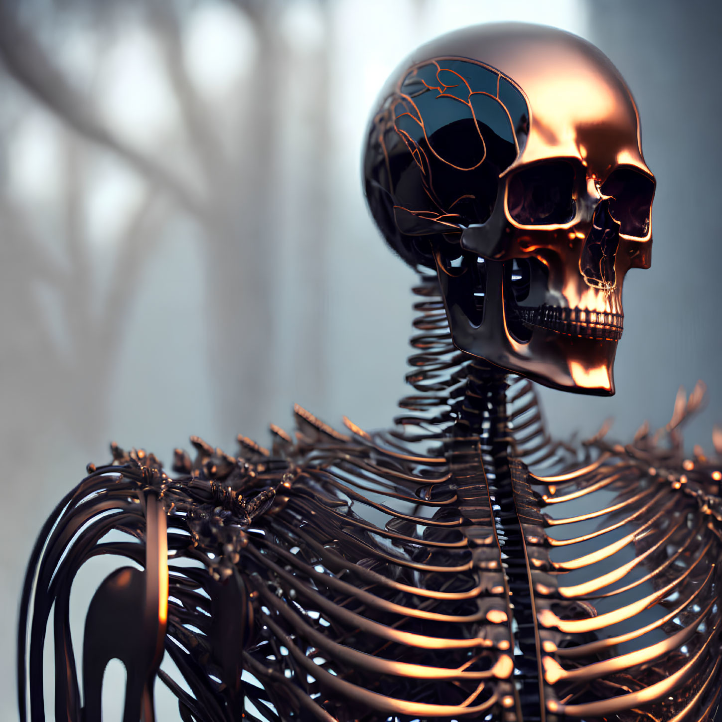 Metallic Skeleton with Crack-Like Skull in Misty Setting