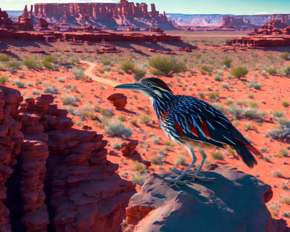 Colorful Bird Perched on Rock in Desert Landscape