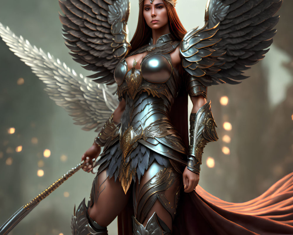 Female warrior with angelic wings in ornate armor and sword, draped in red cape, in mystical