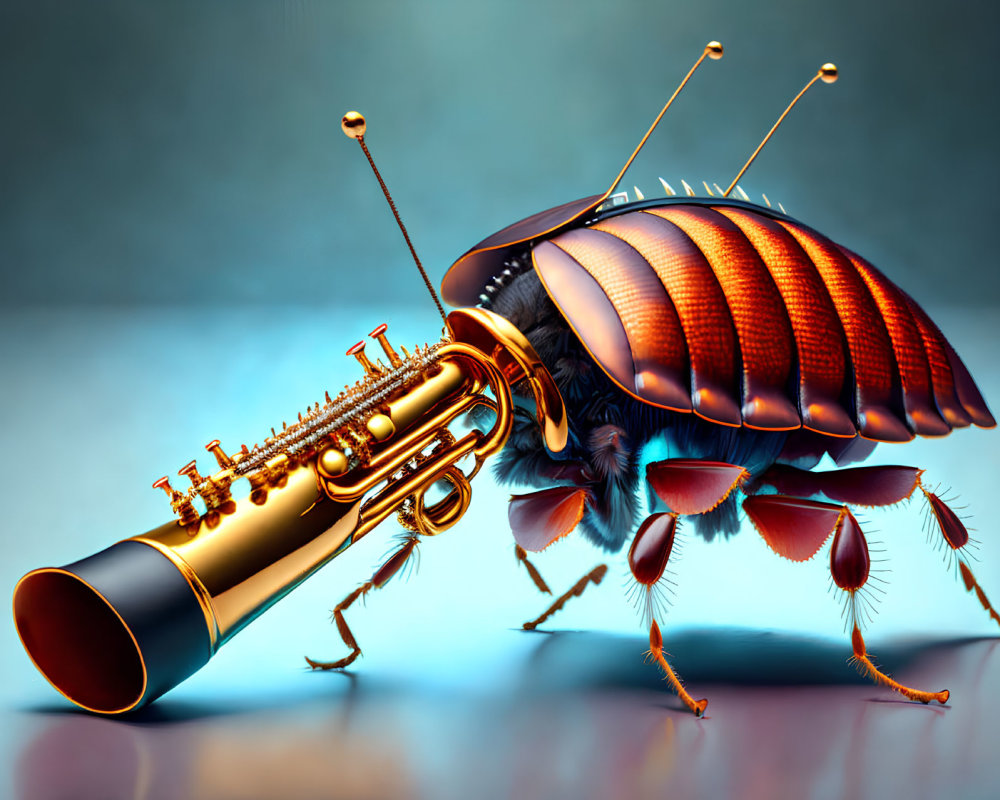 Surreal cockroach illustration with brass trumpet parts on blue background