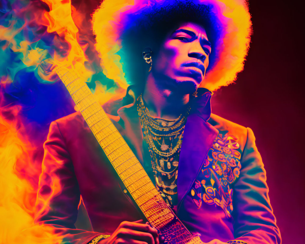 Colorful musician with afro playing electric guitar in fiery backdrop