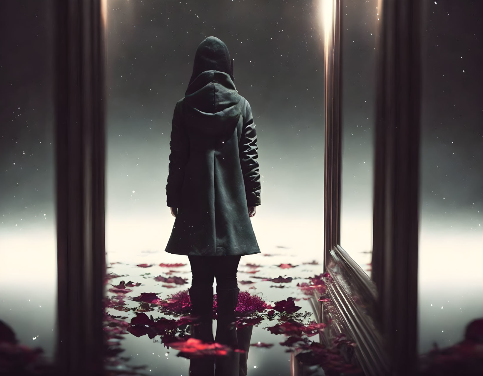 Person in hooded coat gazes at starry night sky from window with red flowers in water.