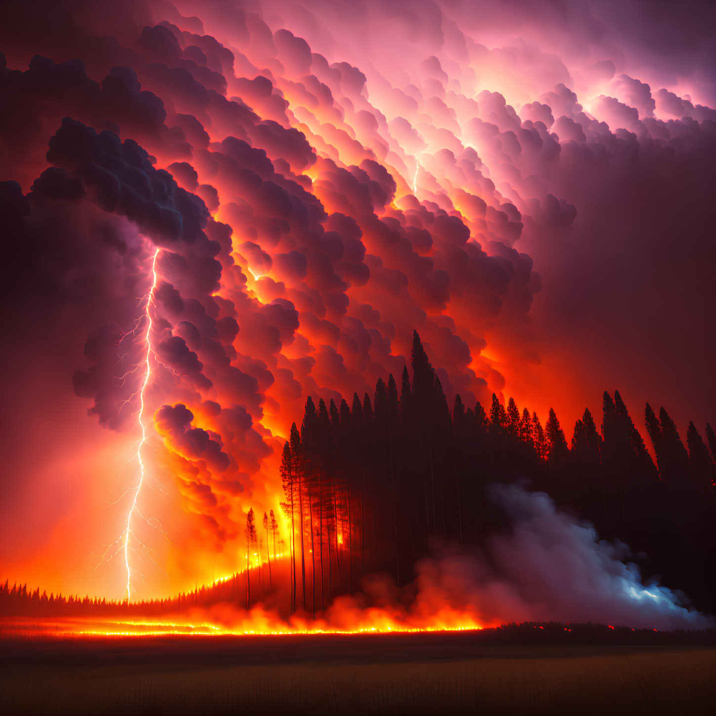 Intense Nighttime Wildfire with Towering Flames and Lightning