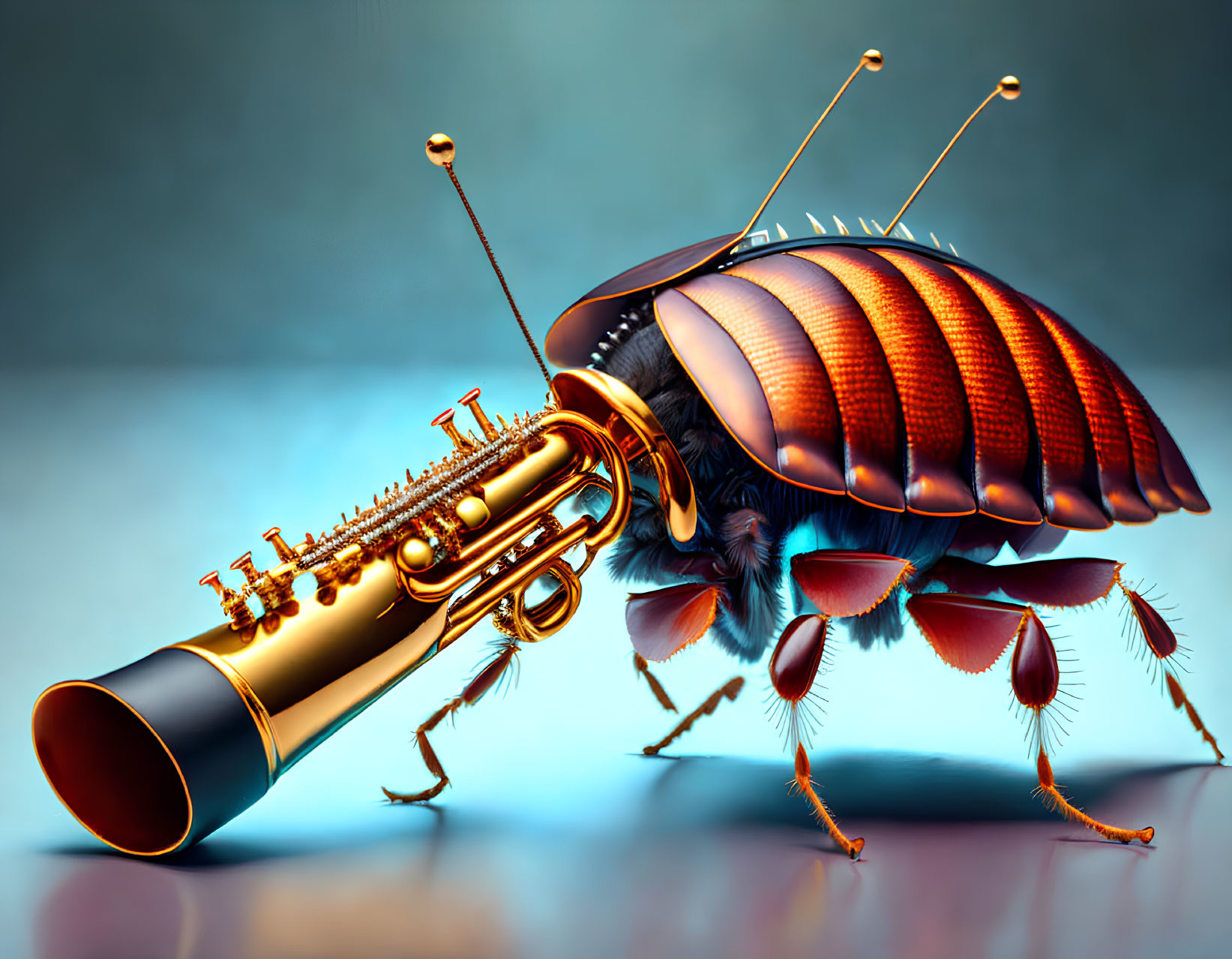 Surreal cockroach illustration with brass trumpet parts on blue background