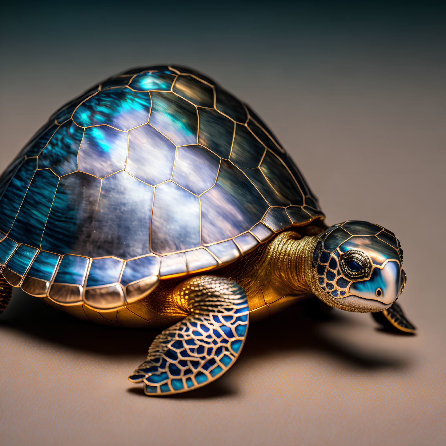 Metallic Turtle Sculpture with Blue and Gold Patterned Shell on Brown Background