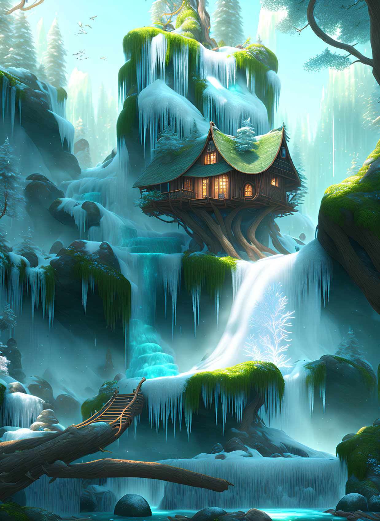 Enchanted forest scene with waterfall, wooden house, ice formations, bridge, and ethereal light