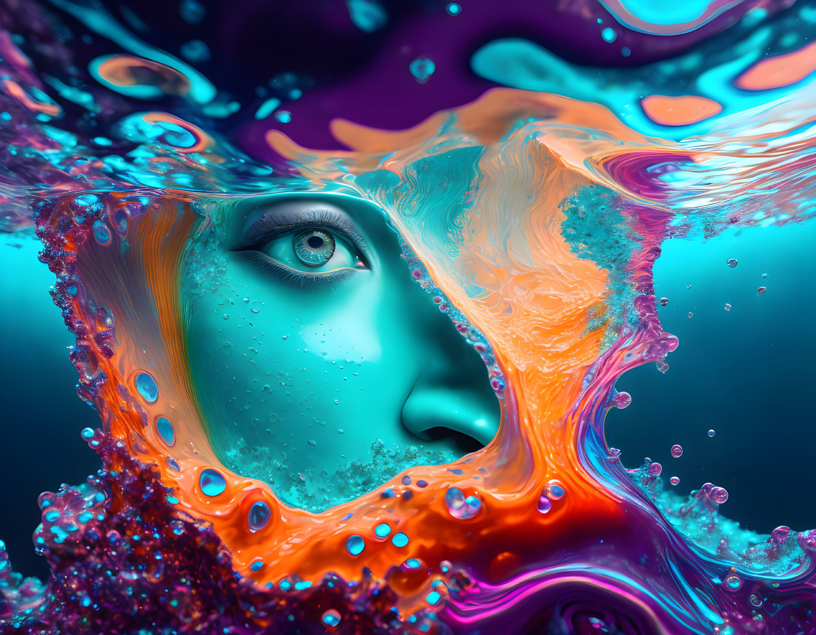 Colorful Surreal Artwork: Human Eye Amidst Swirling Shapes