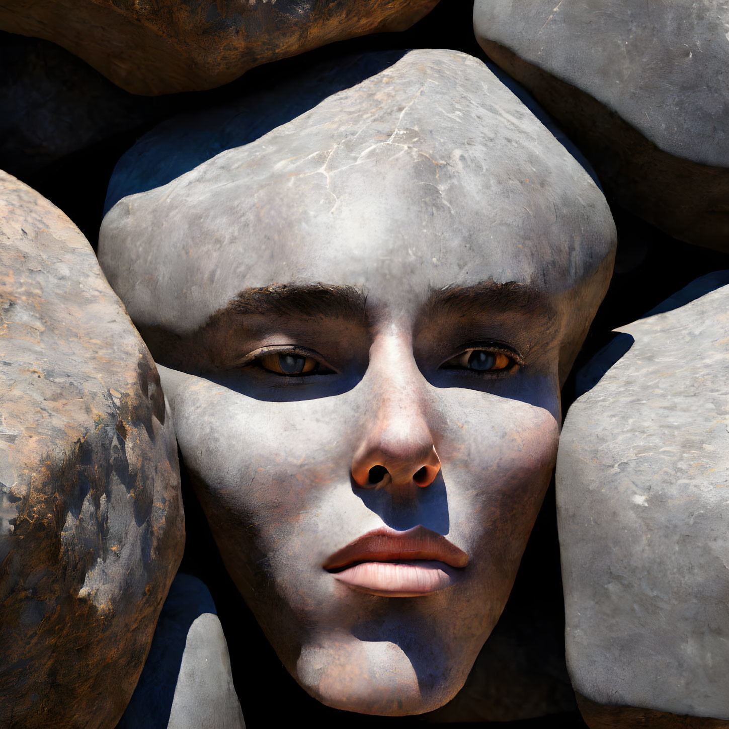 Realistic human face blends with stones seamlessly