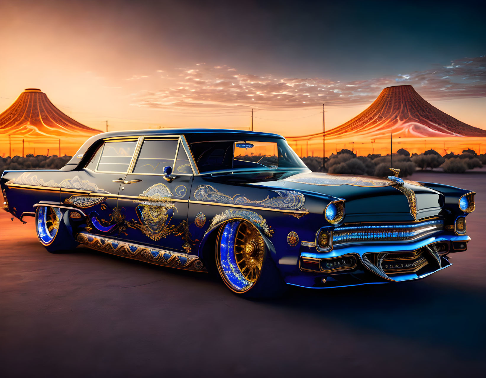 Vintage Car with Gold Detailing on Blue Body Under Sunset