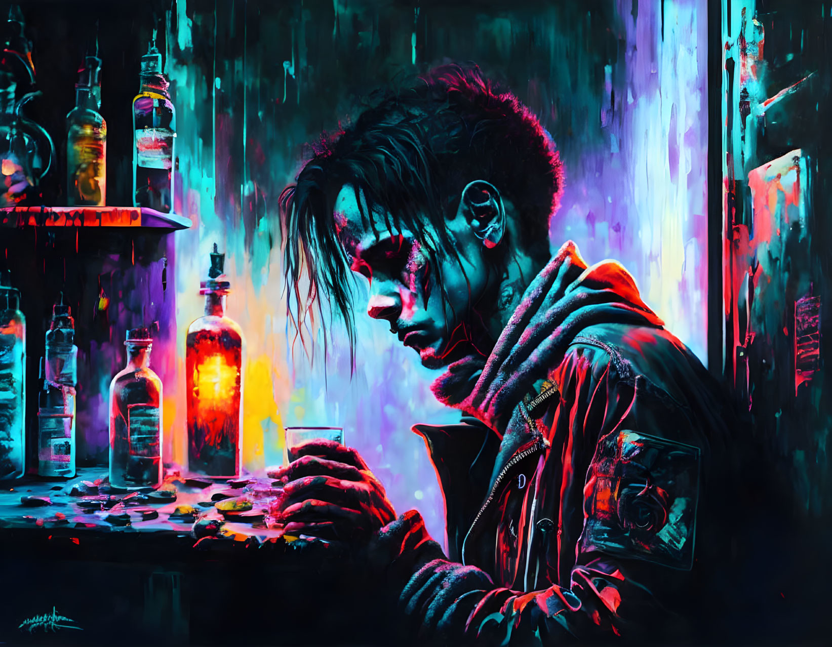 Digital artwork: Brooding figure at bar in neon-lit scene with blue and purple hues