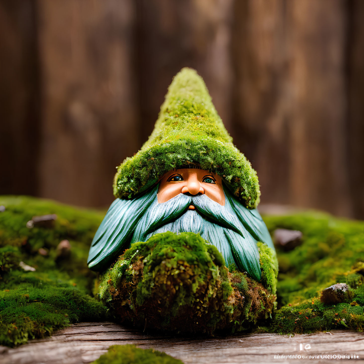 Green-bearded garden gnome on wooden surface against moss-covered hat and background