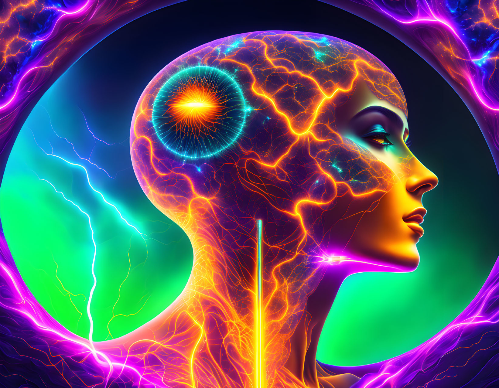 Colorful humanoid with neural patterns and eye-like structure in brain surrounded by vibrant energy.