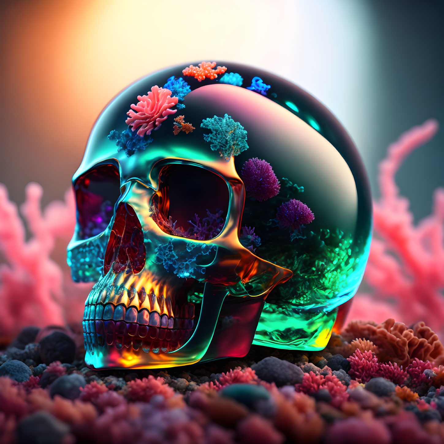 Colorful Chromatic Skull Reflecting Amidst Coral Structures