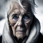 Elderly woman with deep wrinkles and blue eyes in fur-lined garment