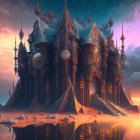 Fantasy palace with ornate spires in twilight setting