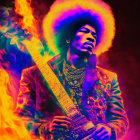 Colorful musician with afro playing electric guitar in fiery backdrop