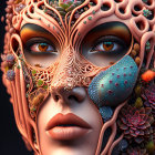 Fantastical face art with vibrant flowers and intricate patterns.