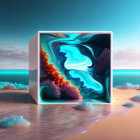 Surreal 3D Artwork: Cubic Portal on Pink Sand Beach