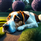 Realistic Beagle on Lawn with Moss-Covered Spheres