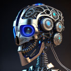 Robotic head with blue glowing eyes on dark background