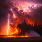 Intense Nighttime Wildfire with Towering Flames and Lightning