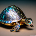 Metallic Turtle Sculpture with Blue and Gold Patterned Shell on Brown Background