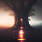 Mystical tree with red door in foggy landscape at dusk