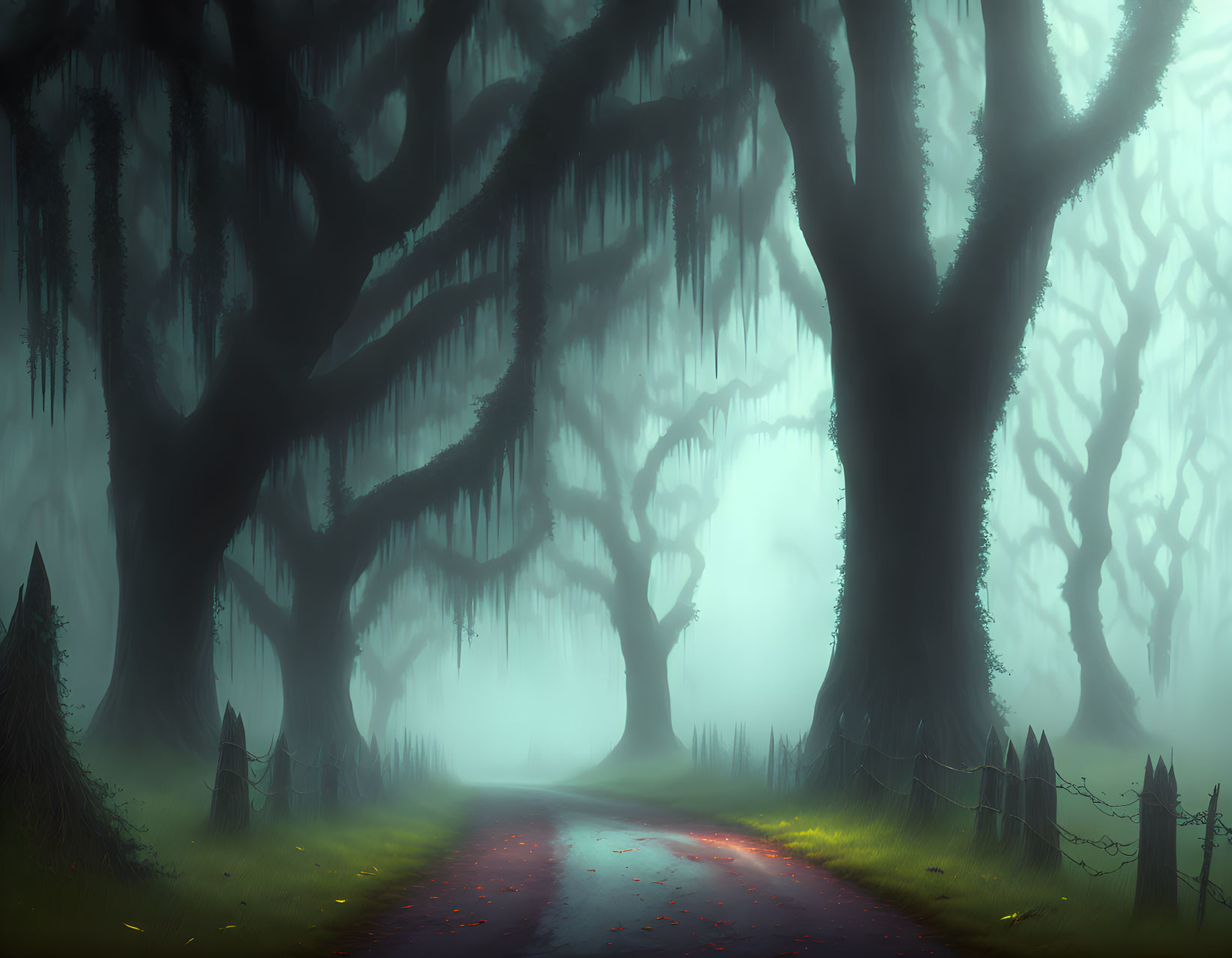 Eerie misty forest with gnarled trees and ghostly light