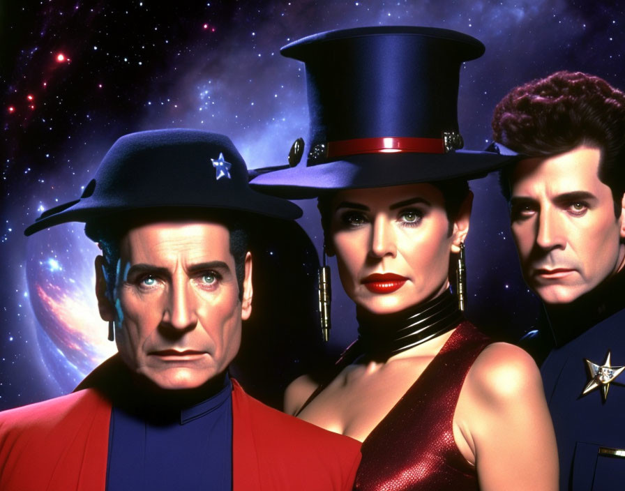 Three People in Theatrical Costumes with Cosmic Backdrop: Two Men in Hats and a Woman