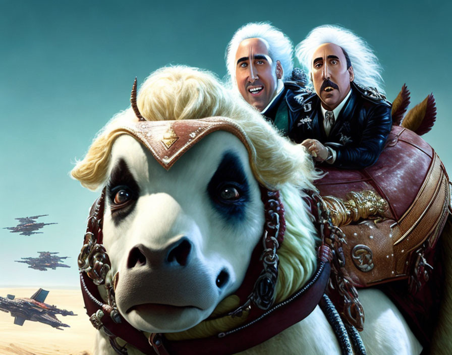 Animated characters resembling Nicolas Cage ride giant llama-like creature in sci-fi battlefield