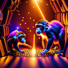 Colorful neon-lit environment with three mesmerized monkeys