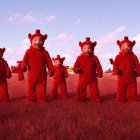 Group of individuals in red outfits with triangular ear features on hoods standing in grassy landscape