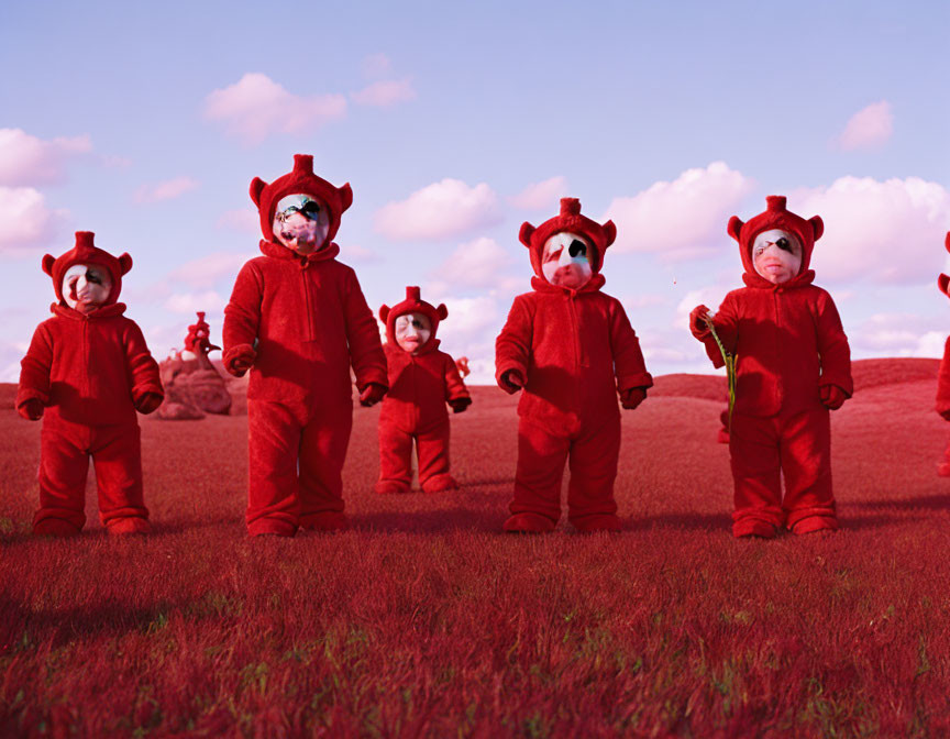 Group of individuals in red outfits with triangular ear features on hoods standing in grassy landscape