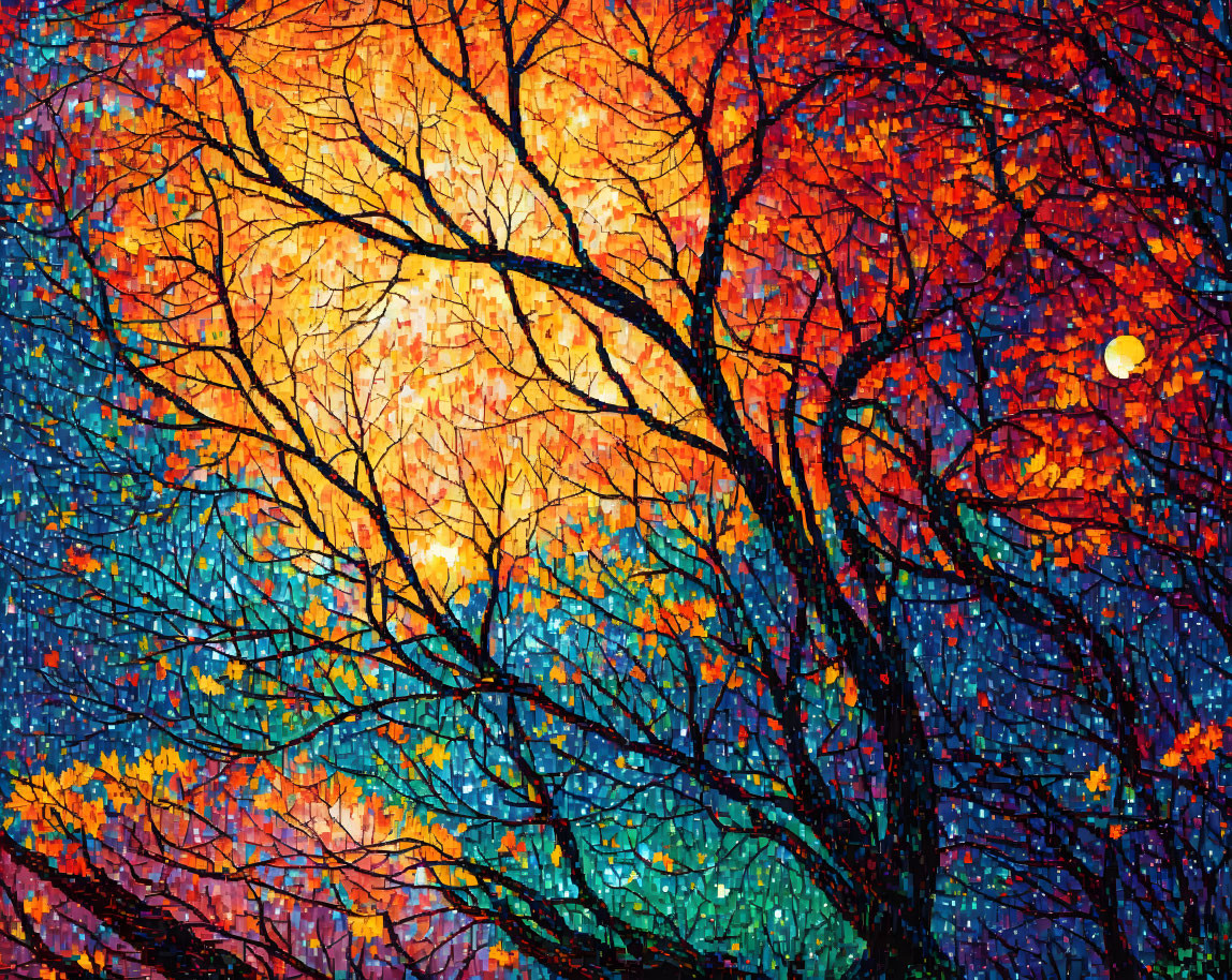 Colorful Stained Glass Tree Painting on Orange-Yellow Background