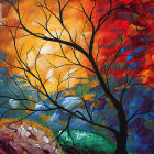Colorful Stained Glass Tree Painting on Orange-Yellow Background