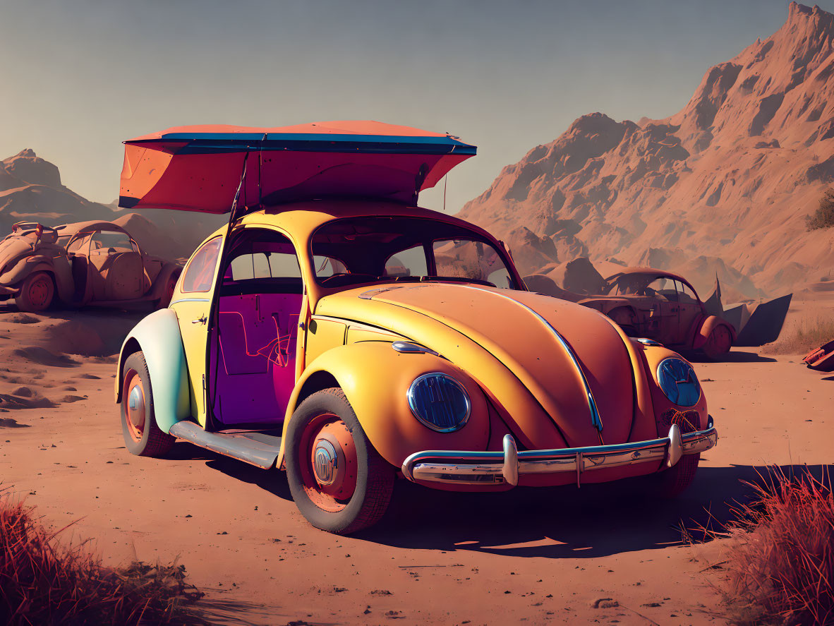 Vibrant Volkswagen Beetle with umbrella in desert landscape