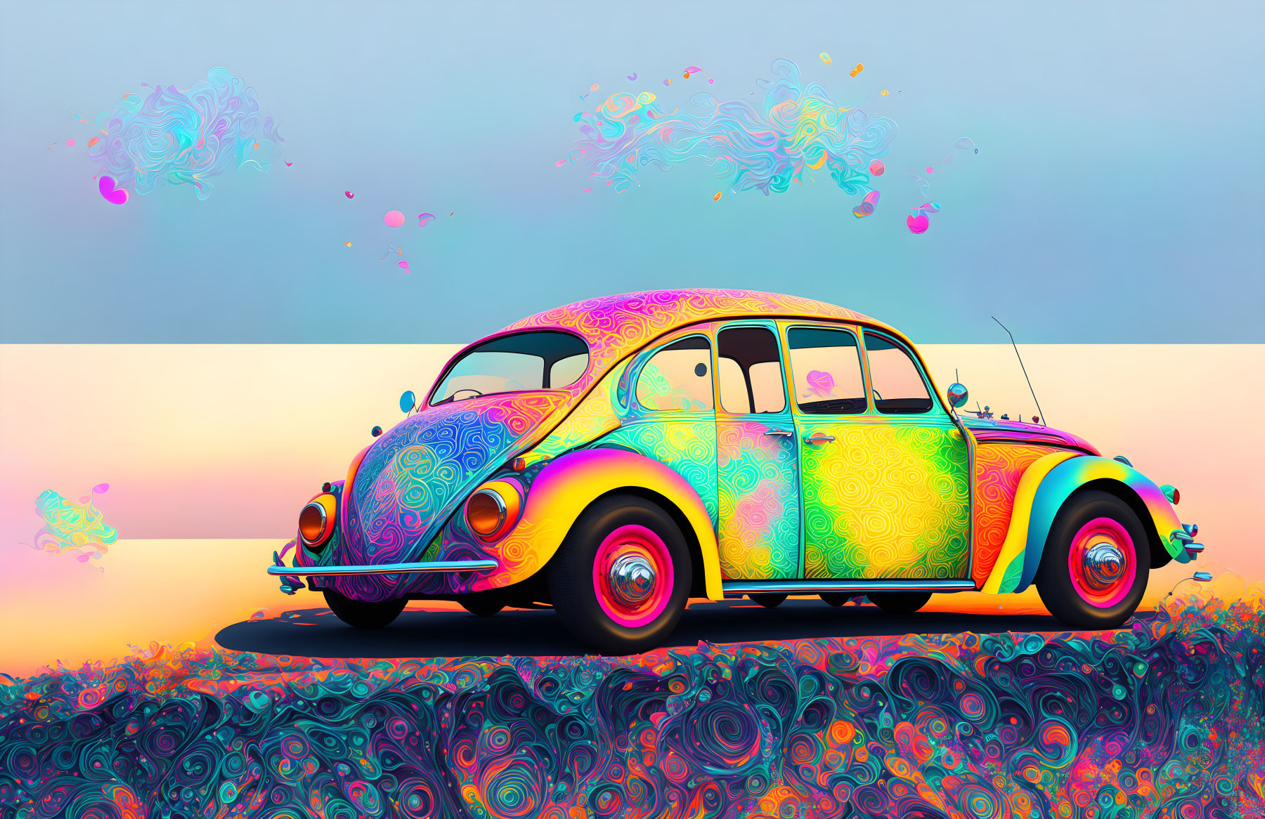 Colorful Psychedelic Volkswagen Beetle Artwork on Gradient Sky